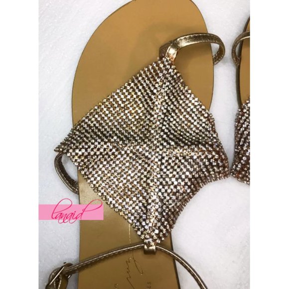 Lola Cruz Luanda Sandals Leather Copper Crystals Iridescent Holographic Sparkly - Picture 4 of 9